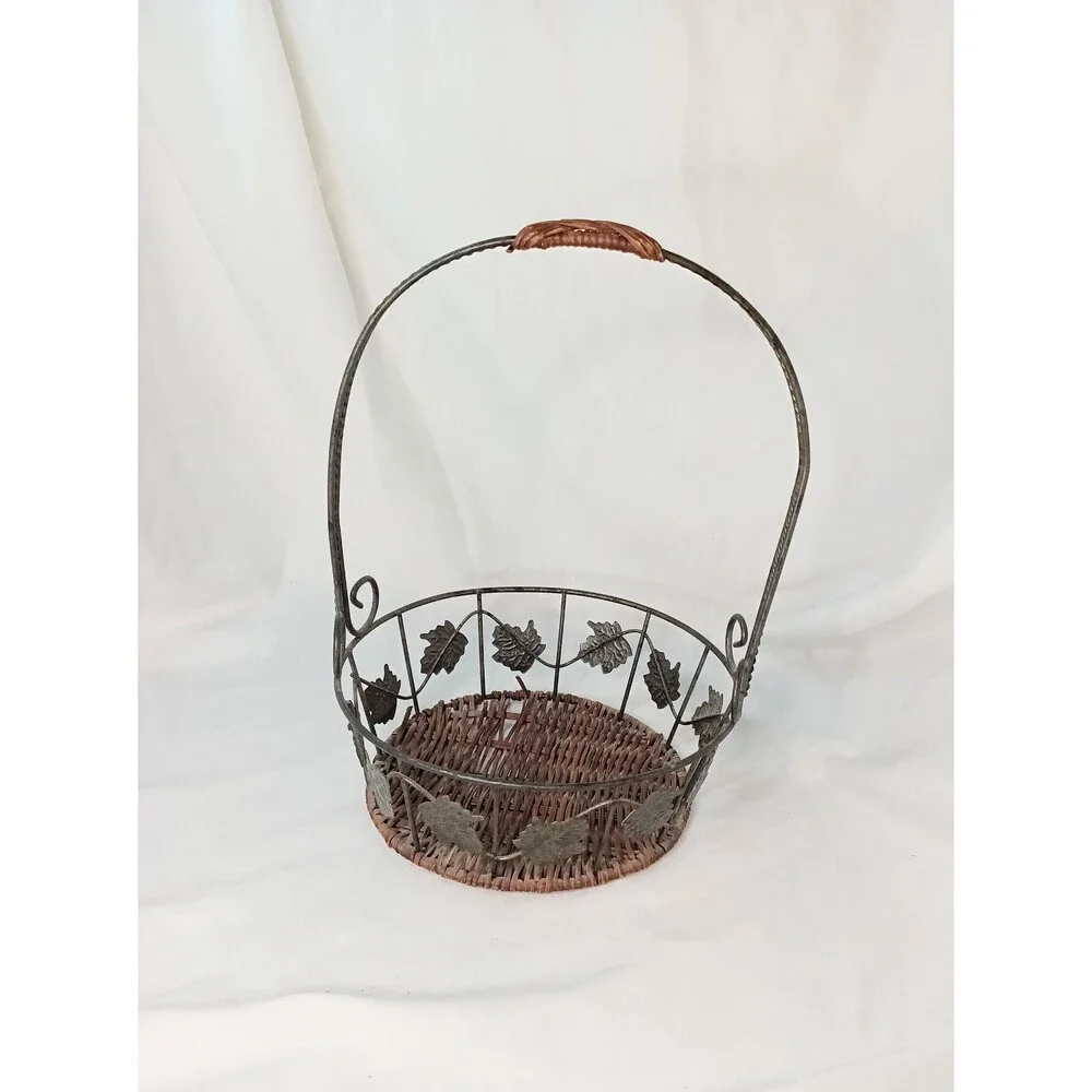 Vintage Metal Basket with Leaves - Broken Bottom